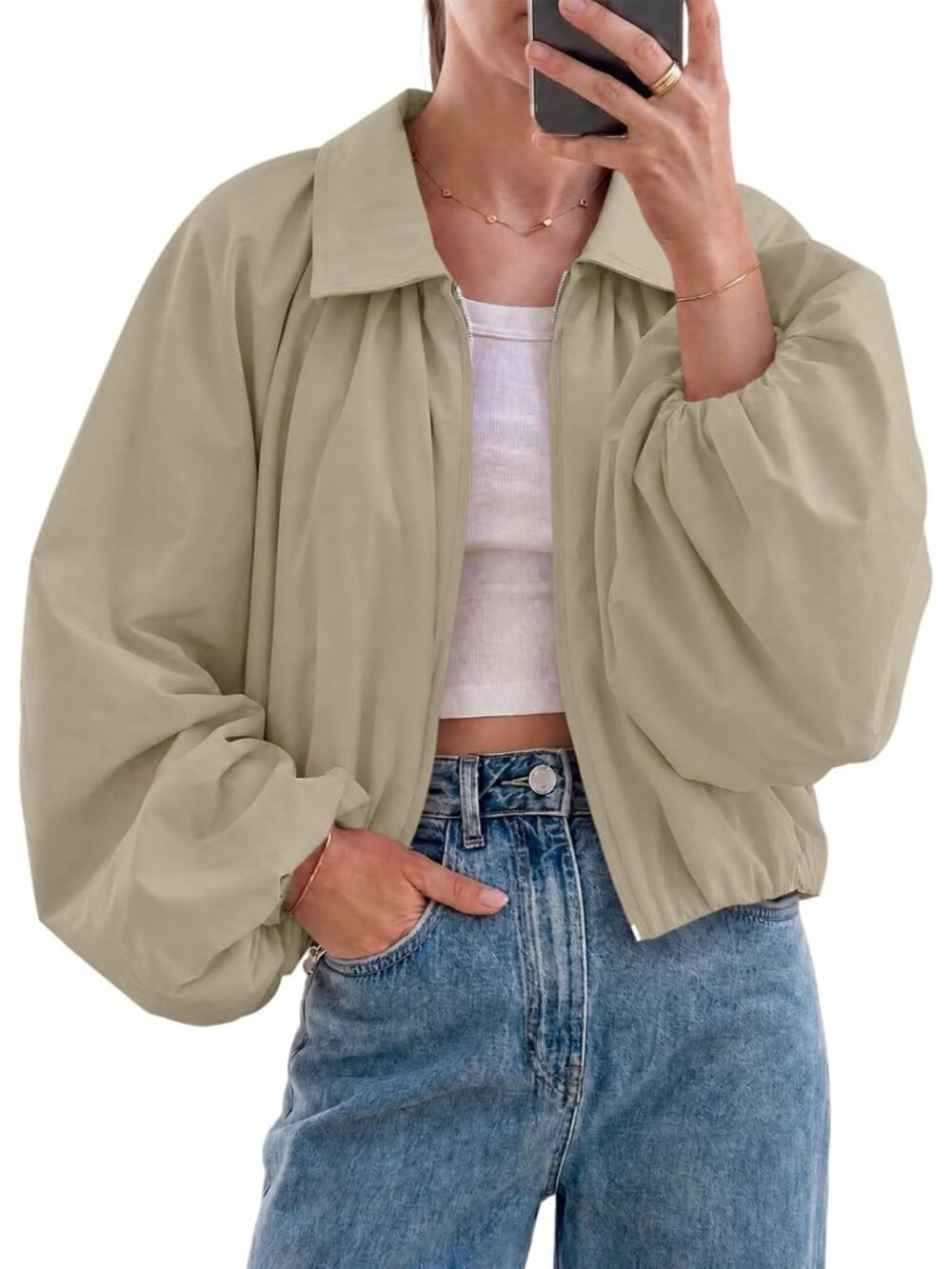 Women Light Khaki Polyester Oversized Lapel Collar Balloon Sleeve Bomber Jacket